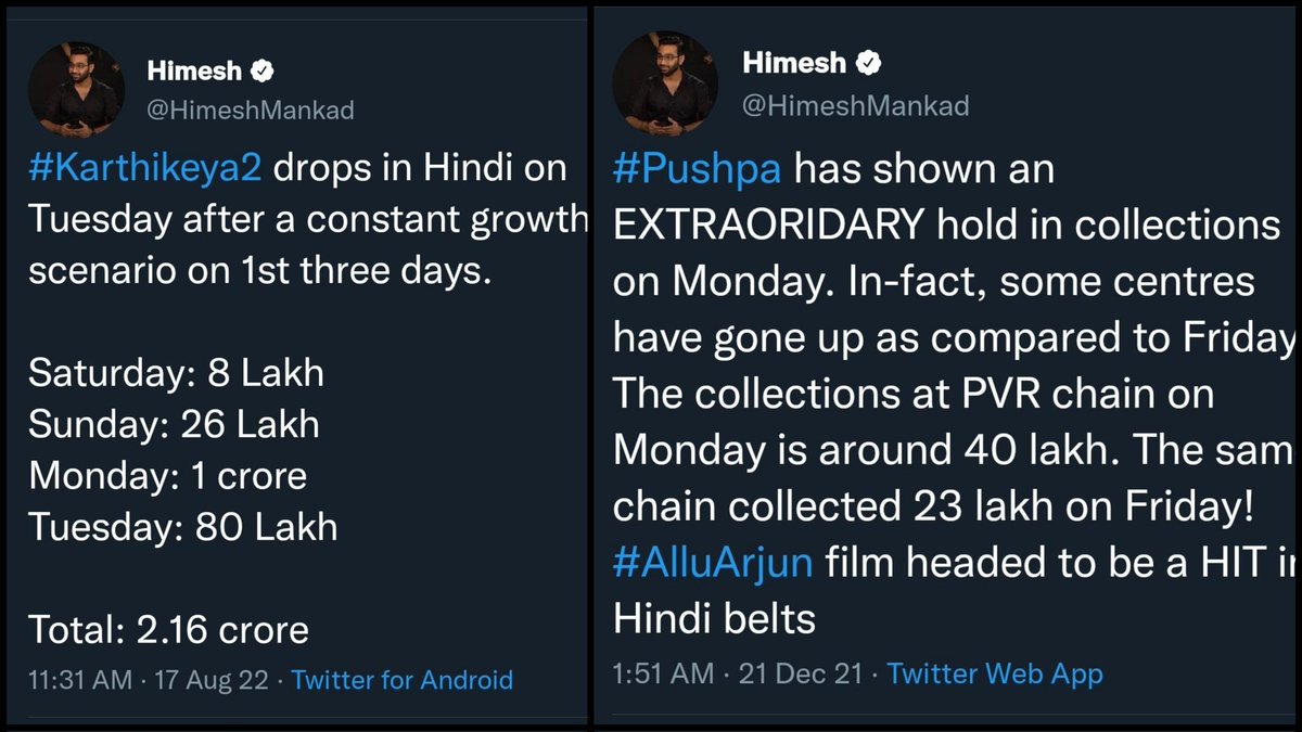 DeverakondaHere's tweet photo. @HimeshMankad #Pushpa day wise:
Friday: 3cr
Saturday: 4cr
Sunday: 5cr
Monday: 3.5cr
Even Here #Pushpa Had more than 30% drop but still you compared day4 with day1 rather than with day3 ๐๐๐ but what happened to #Karthikeya2Hindi ๐?
#ProMadeStarAlluArjun ๐ฅ https://t.co/AiE1fBKkb4
