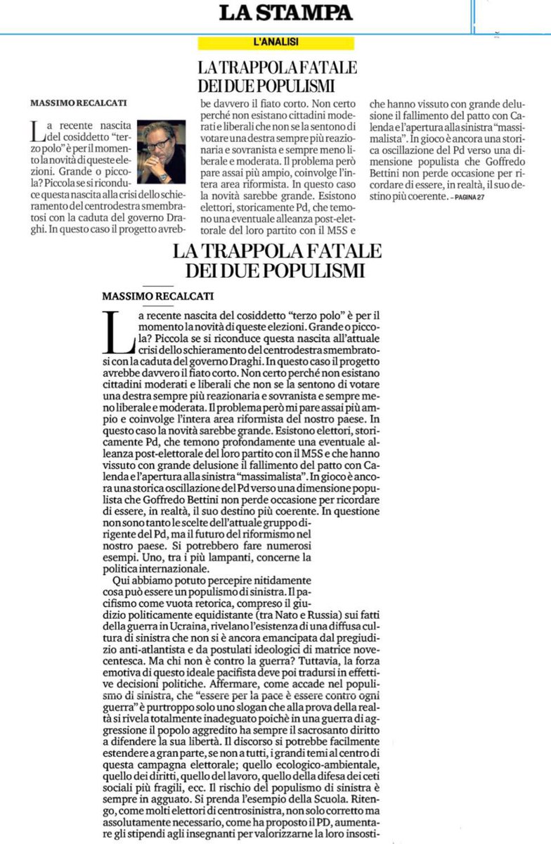 CarloCalenda's tweet photo. Massimo Recalcati oggi a @LaStampa. https://t.co/wa44zB1ZRI