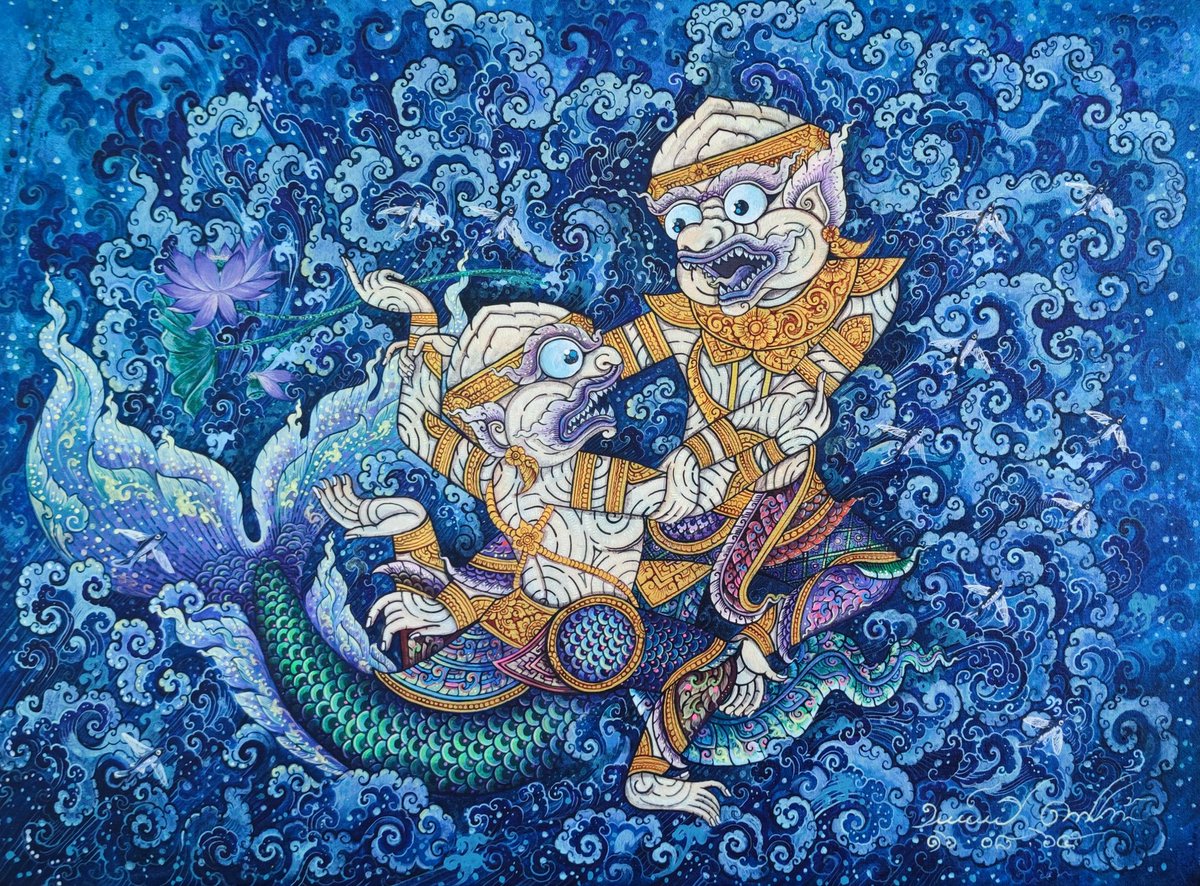 ARTtoU1991's tweet photo. หนุมานพบมัจฉานุ/size 80x60 cm /acrylic on canvan #art#artist #drawings #piant #monster #thaiart #hanuman #workformoney https://t.co/kwdGUPCAVE