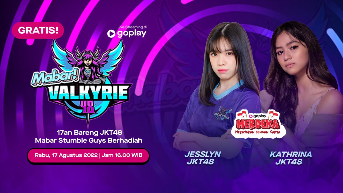 EverywhereID's tweet photo. Udah selesai upacara, udah puas main tarik tambang &amp; panjat pinang? Saatnya 17an di Mabar bareng @C_JesslynJKT48 &amp; @I_KathrinaJKT48! 🇮🇩

Ada mabar Stumble Guys berhadiah lho~ Sore ini jam 16.00 WIB, see you! 👋

🔗 https://t.co/GuHOy1zphx

#MabarJKT48 #JesslynJKT48 #KathrinaJKT48 https://t.co/1jPH5i3MxP