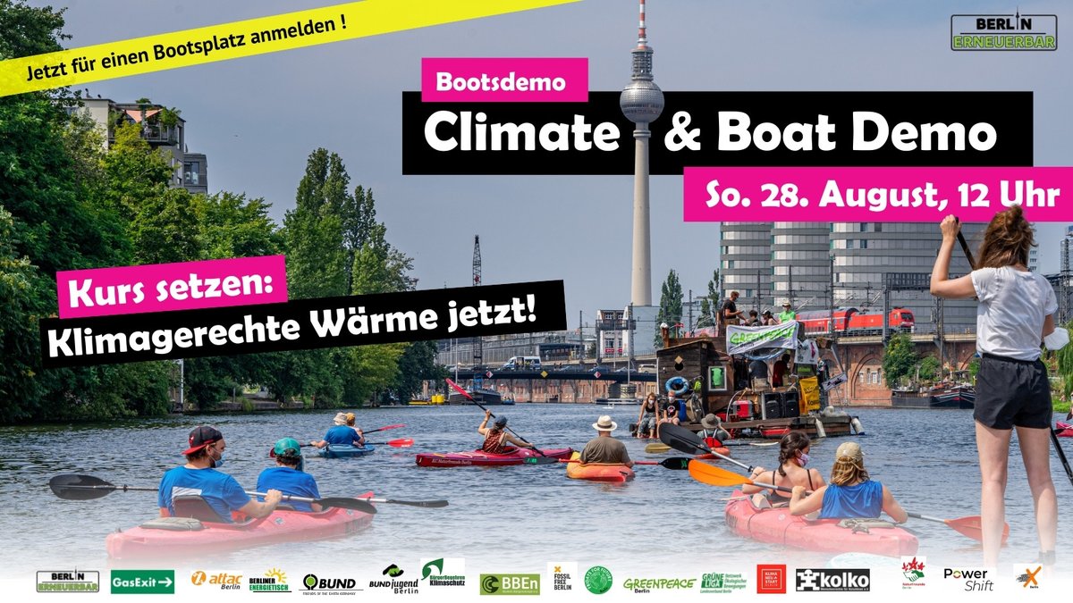 Protestiert am 28. August mit uns auf der Spree für eine klimagerechte Wärmewende! 12 Uhr an der East Side Gallery, Berlin. Zum Mitpaddeln bitte anmelden, da die Plätze begrenzt sind. bundjugend-berlin.de/termin/climate… #climateandboat #gasumlage #gasexit #b2808