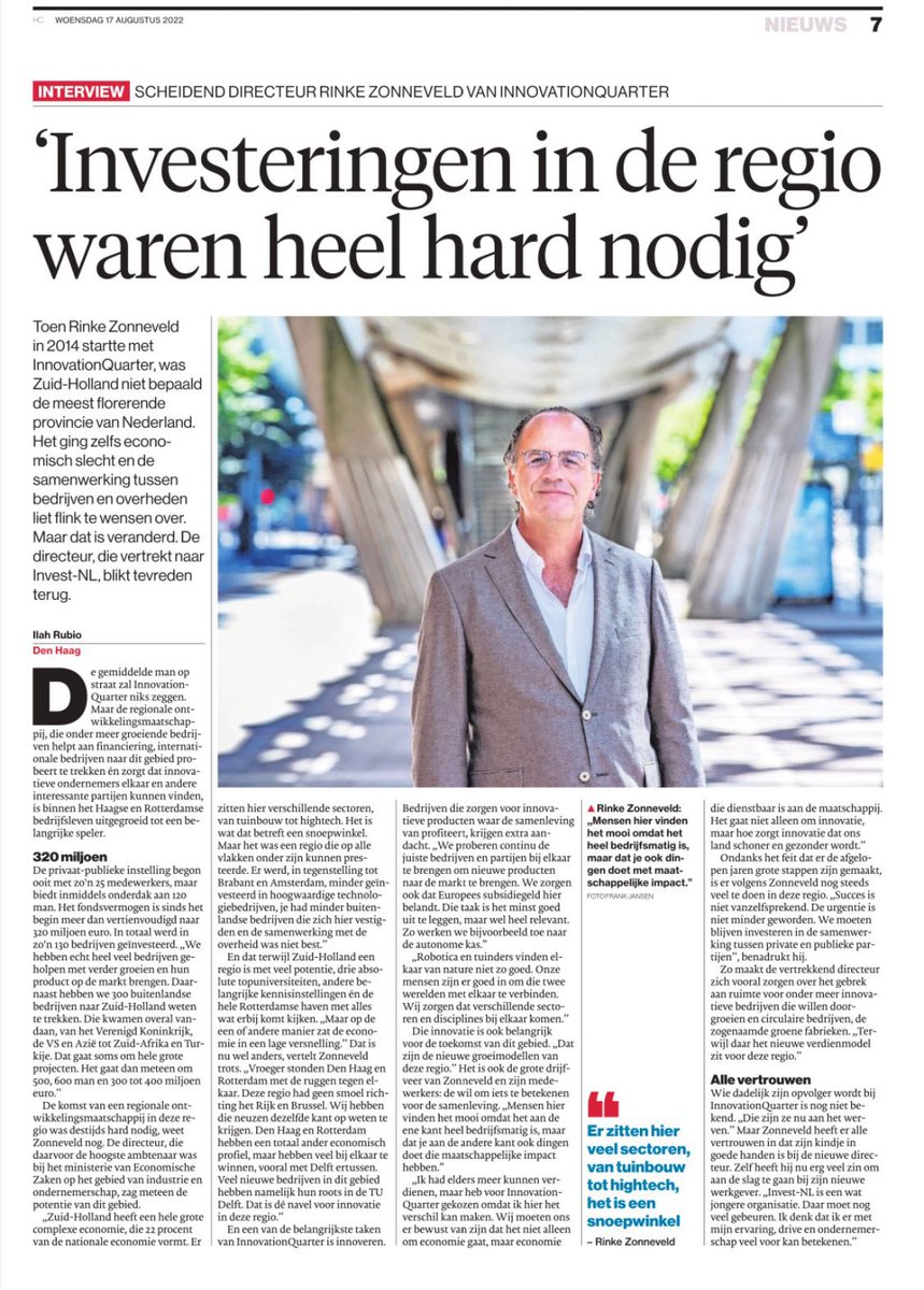 Vandaag mijn afscheidsinterview na bijna 9 jaar <a href="/InnoQuarter/">InnovationQuarter</a> in het Algemeen Dagblad
