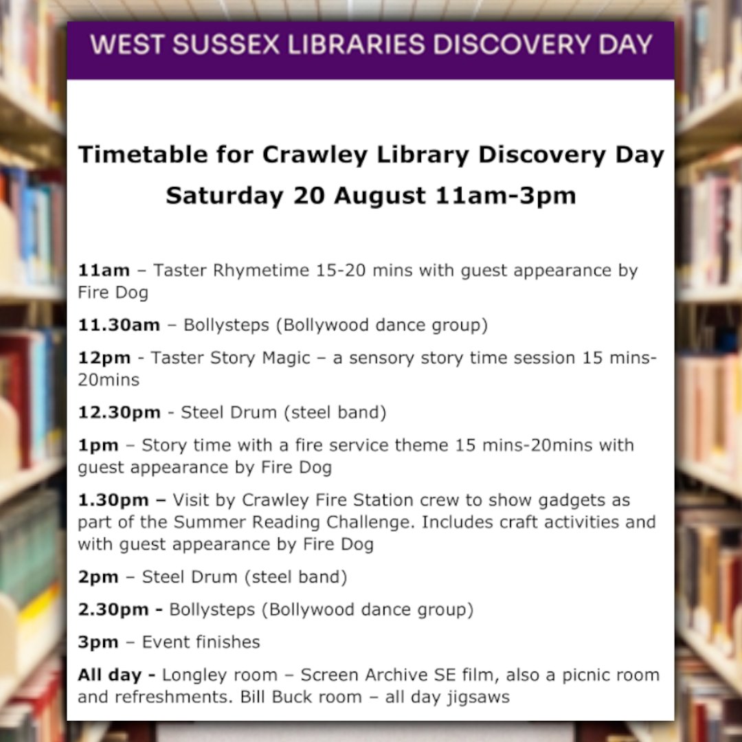 CrawleyTCBID's tweet photo. The Crawley Library Discovery Day is this Saturday 20 August from 11am to 3pm and is free!

Bollywood dancing, steel band, face painting, sensory items and displays and so much more!

See details at https://t.co/jmOP0VSKbY

#crawleytowncentre #loveyourlocallibrary @WSCCLibraries https://t.co/6ib1Y7phDr