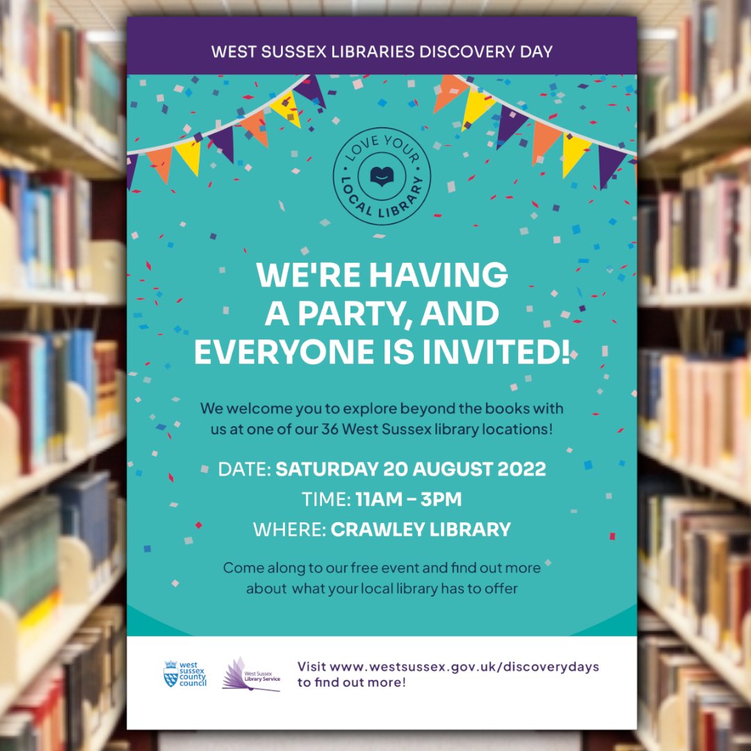 CrawleyTCBID's tweet photo. The Crawley Library Discovery Day is this Saturday 20 August from 11am to 3pm and is free!

Bollywood dancing, steel band, face painting, sensory items and displays and so much more!

See details at https://t.co/jmOP0VSKbY

#crawleytowncentre #loveyourlocallibrary @WSCCLibraries https://t.co/6ib1Y7phDr