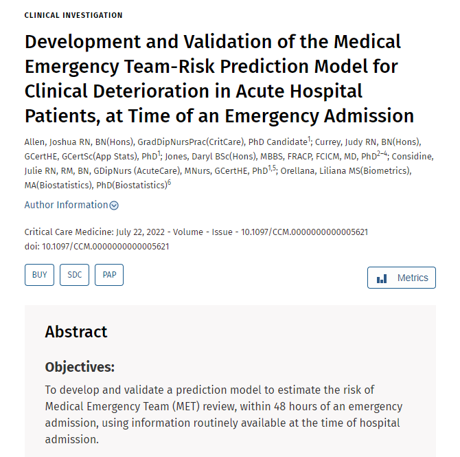 DeakinQPS's tweet photo. Is it possible to predict which patients will require a MET review? Our paper in @CritCareMed shows we can predict patients needing a MET review using only 9 predictors https://t.co/n6WzdNv7kG 
So what’s next? What interventions are needed for patients at high risk of MET? https://t.co/MSoaT8acRG