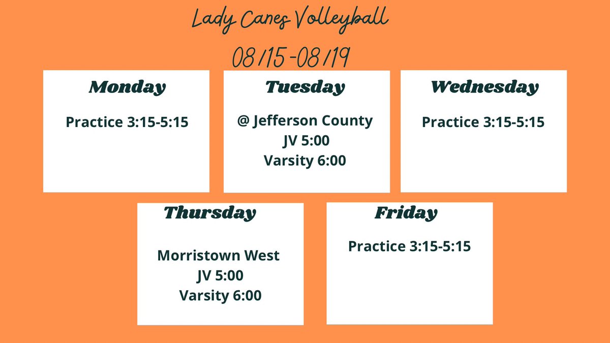 MoEastVB's tweet photo. Weekly Schedule 8/15-8/19. GO CANES!! https://t.co/N4Pcoi7Rh9