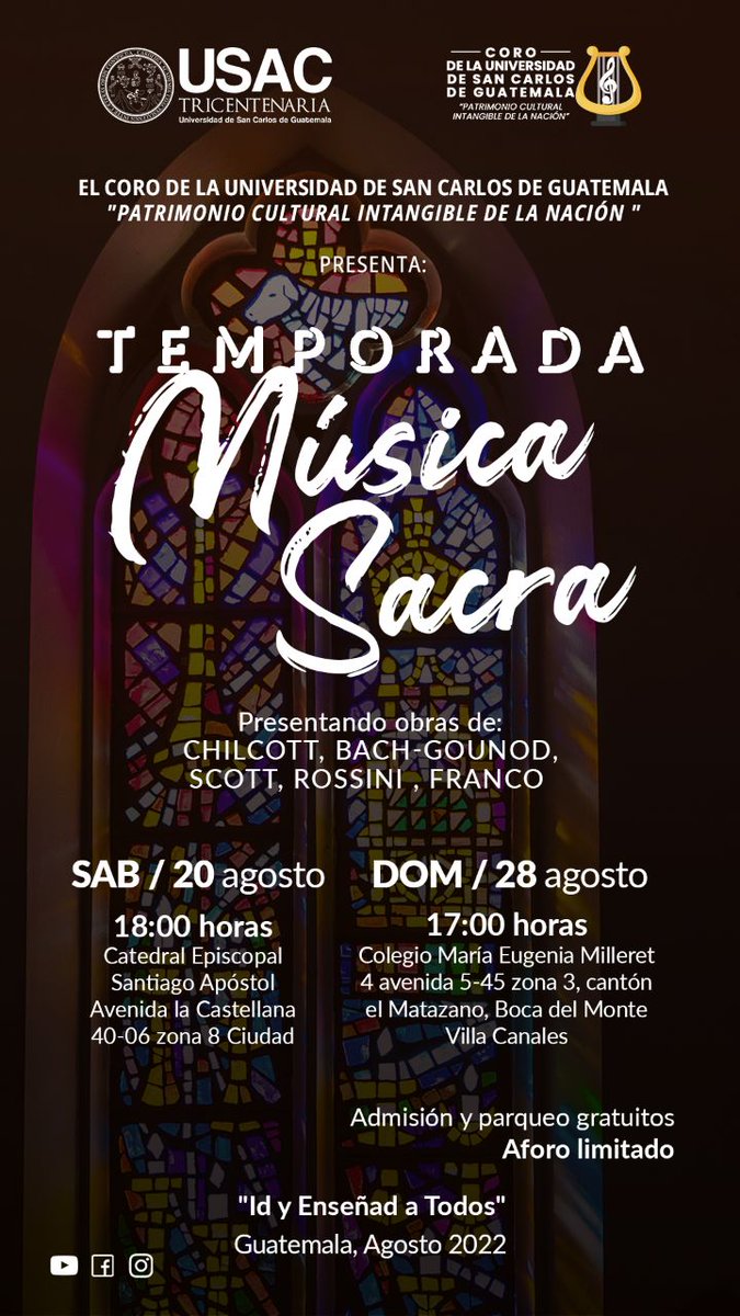 CORO_USAC's tweet photo. Queridos amigos (as) de la música coral, la espera terminó 

¡Es hora de volver a vernos!

Queremos compartir con ustedes la música que hemos preparado para esta #temporadasacra y presentarles repertorio variado con obras selectas del repertorio sacro internacional.

#corousacgt https://t.co/4iJxUxihKf