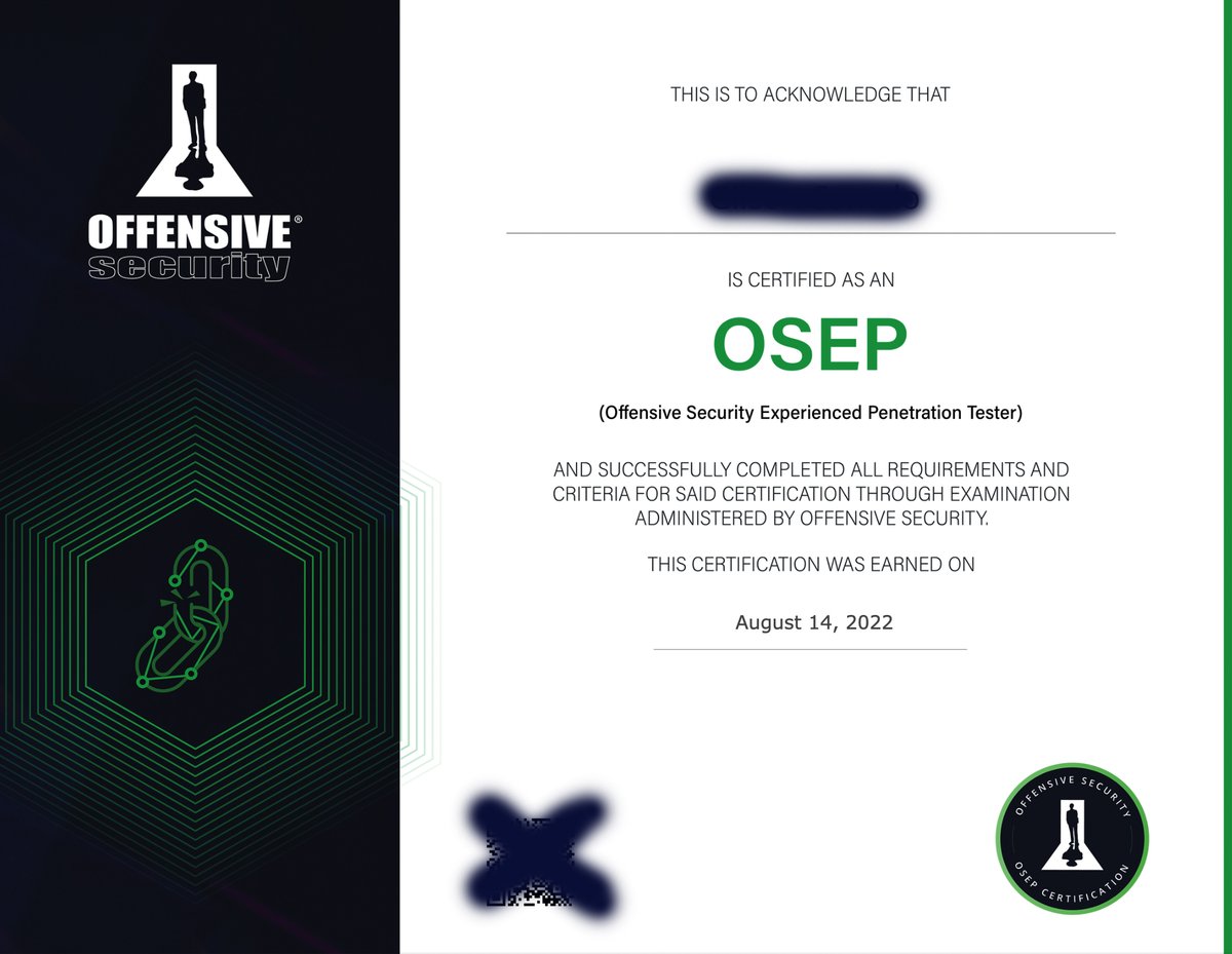Hackenstein's tweet image. Finally! #OSWP [✔] #OSCP [✔] #OSCE [✔] #OSWE [✔] #OSEP [✔] 
NEXT #OSED [  ] and #OSEE [  ] 
(: Kudos Offsec! @offsectraining
#PEN300 #OSEP