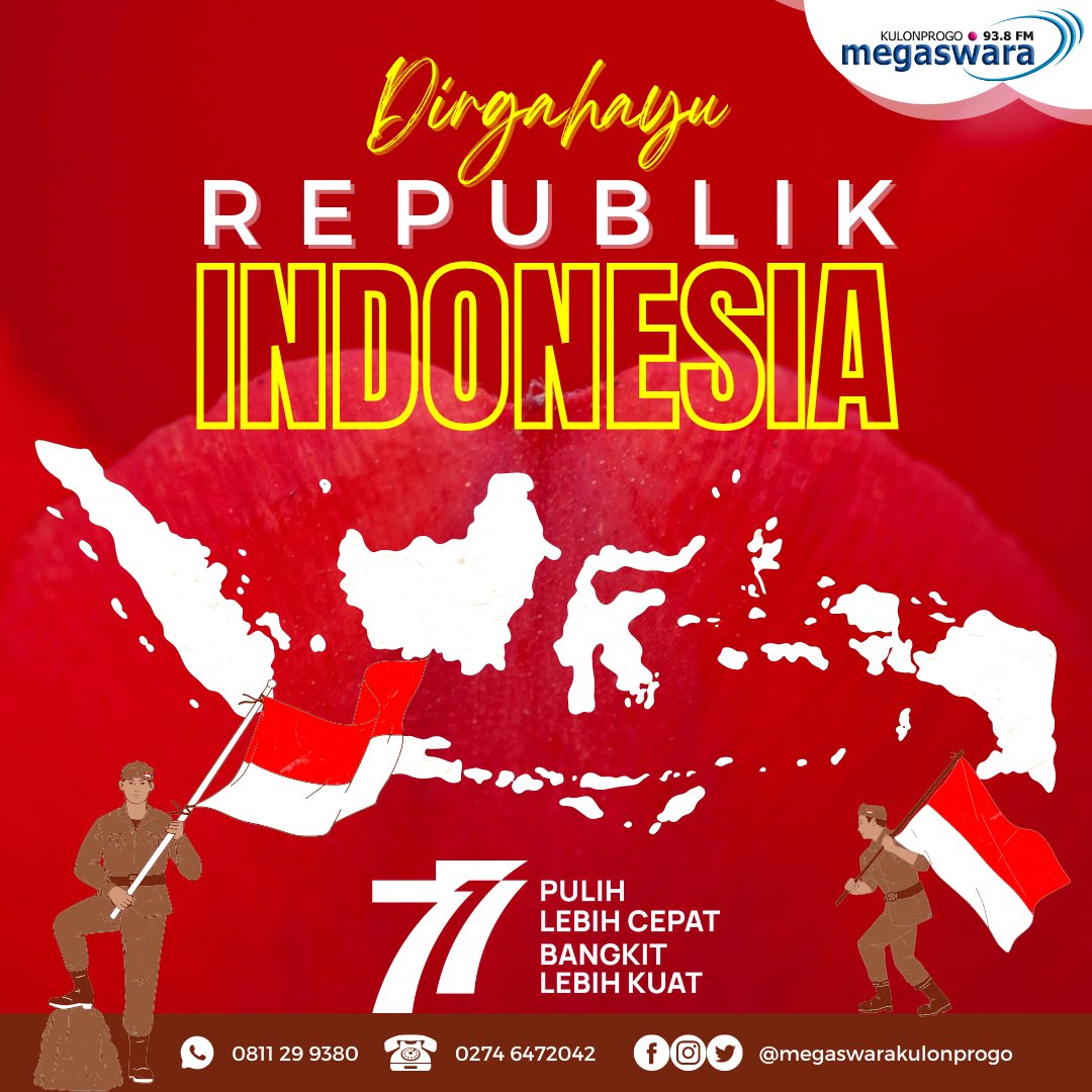 Selamat Hari Kemerdekaan Republik Indonesia ke-77. Pulih Lebih Cepat Bangkit Lebih Kuat. Merdeka..!!
.
.
#megaswarakulonprogo #radionyakulonprogo #hutRI77 #kemerdekaan #pitulasan #merdeka
