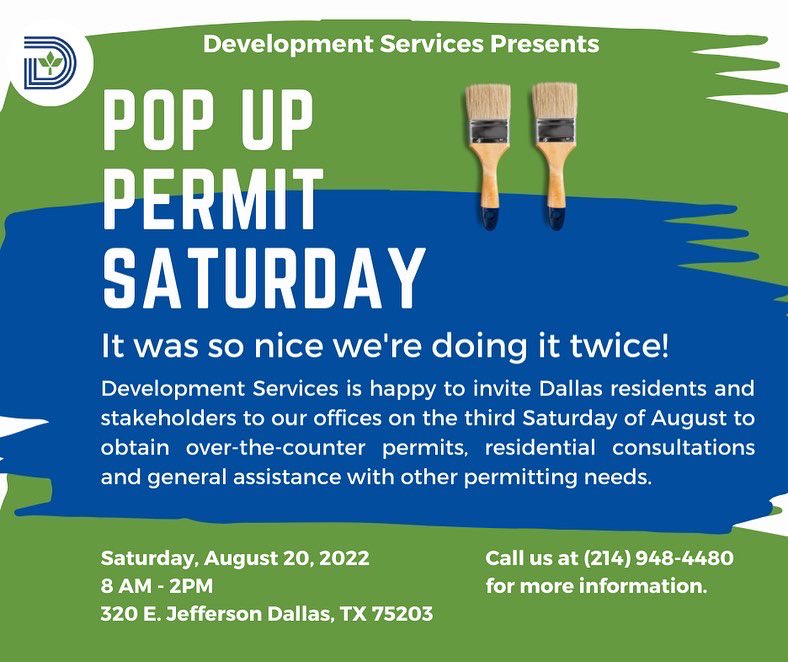 informatedfw's tweet photo. Pop Up Permit Saturday by City of Dallas Development Services! π #CityOfDallasPartner
β¨ Saturday, August 20, 2022 from 8 AM - 2 PM 320 E. Jefferson Dallas, TX 75203.
π² For more information, call (214) 948-4480.
In partnership with @CityOfDallas.
#Dallas #DallasTexas https://t.co/CExEEnmo6h