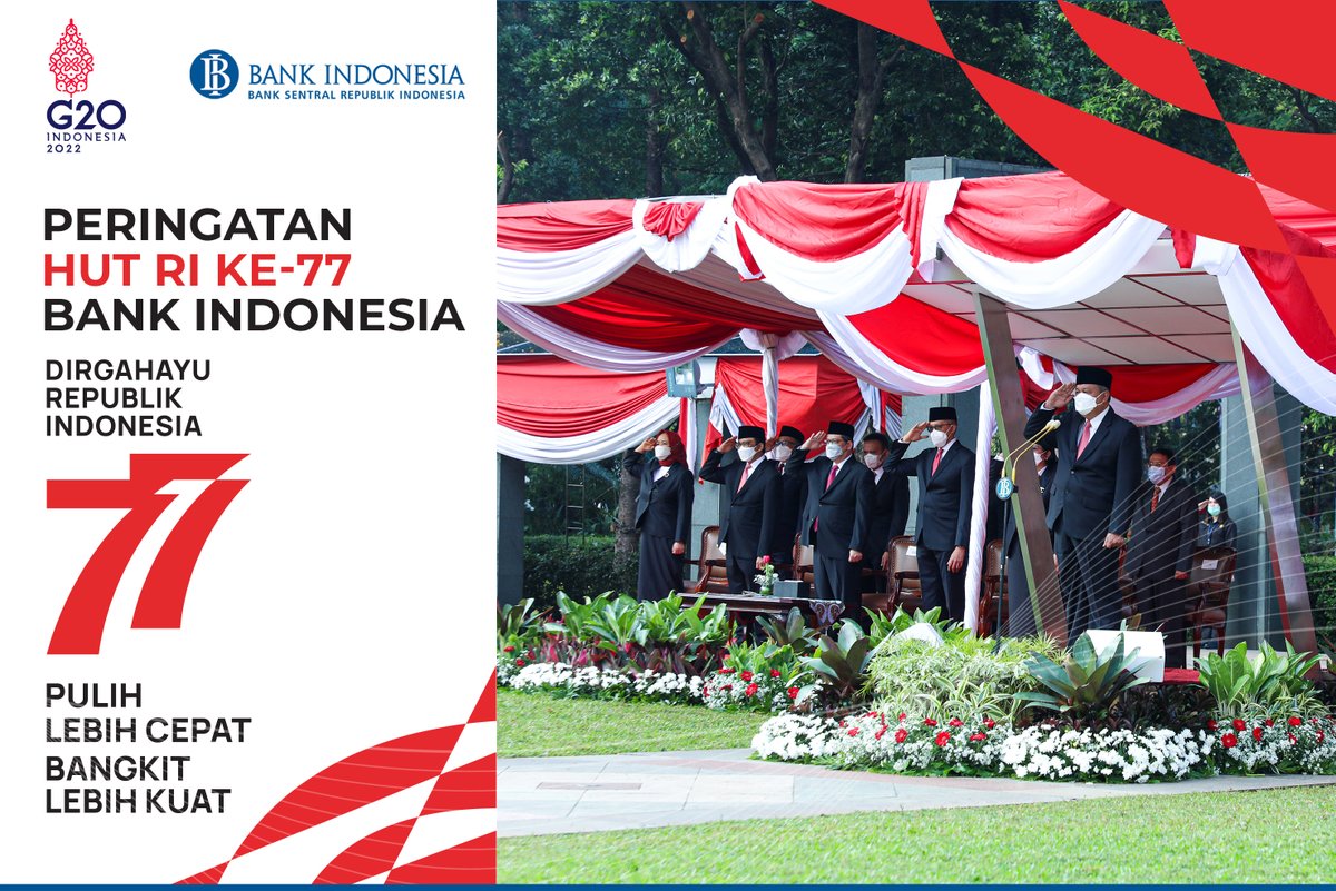bank_indonesia's tweet photo. #SobatRupiah, memperingati HUT ke-77 RI, BI menggelar upacara di halaman Kantor Pusat, Jakarta, yg dipimpin langsung oleh Gubernur BI dan dihadiri Deputi Gubernur Senior &amp; seluruh Anggota Dewan Gubernur, para Pimpinan kantor pusat &amp; Kantor Perwakilan, serta seluruh pegawai BI. https://t.co/2edOa4rhjA