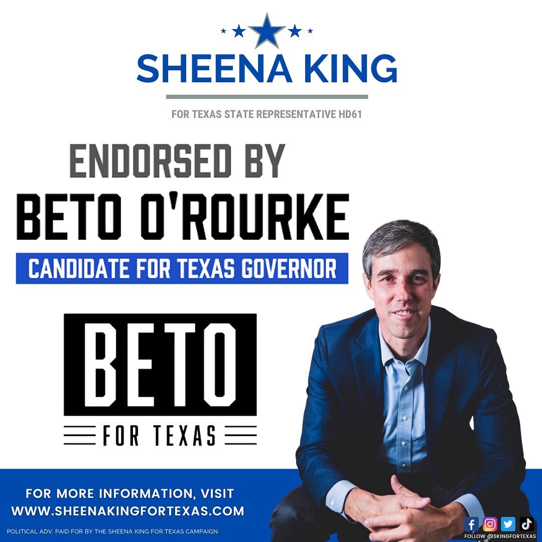 I’m honored and excited to have received an endorsement from <a href="/BetoORourke/">Beto O'Rourke</a>. Thankful that #TX has a gubernatorial candidate who cares about ALL Texans. Together, we will put forth popular, bipartisan solutions to the issues Texans face. 🇨🇱 #BetoForTexas #SheenaKingForTexas #HD61