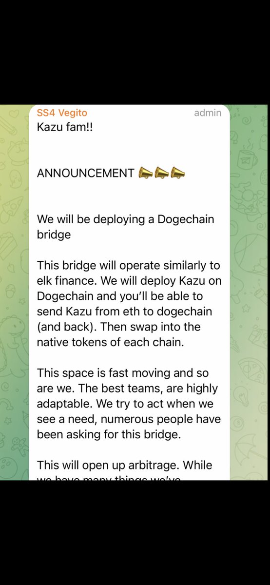 Cryptobuttstuf's tweet photo. $KAZU about to make some serious waves @realdogen knows

They are gonna do a Dogechain bridge 

Add that to wha these guys are already building ,,,, 200k marketcap ?! Hahaha see you boys at 20 million 

@EricCryptoman @cryptoskullx @jamiekingston @iSmeshCrypto @criptopaul https://t.co/ePavfEtEng