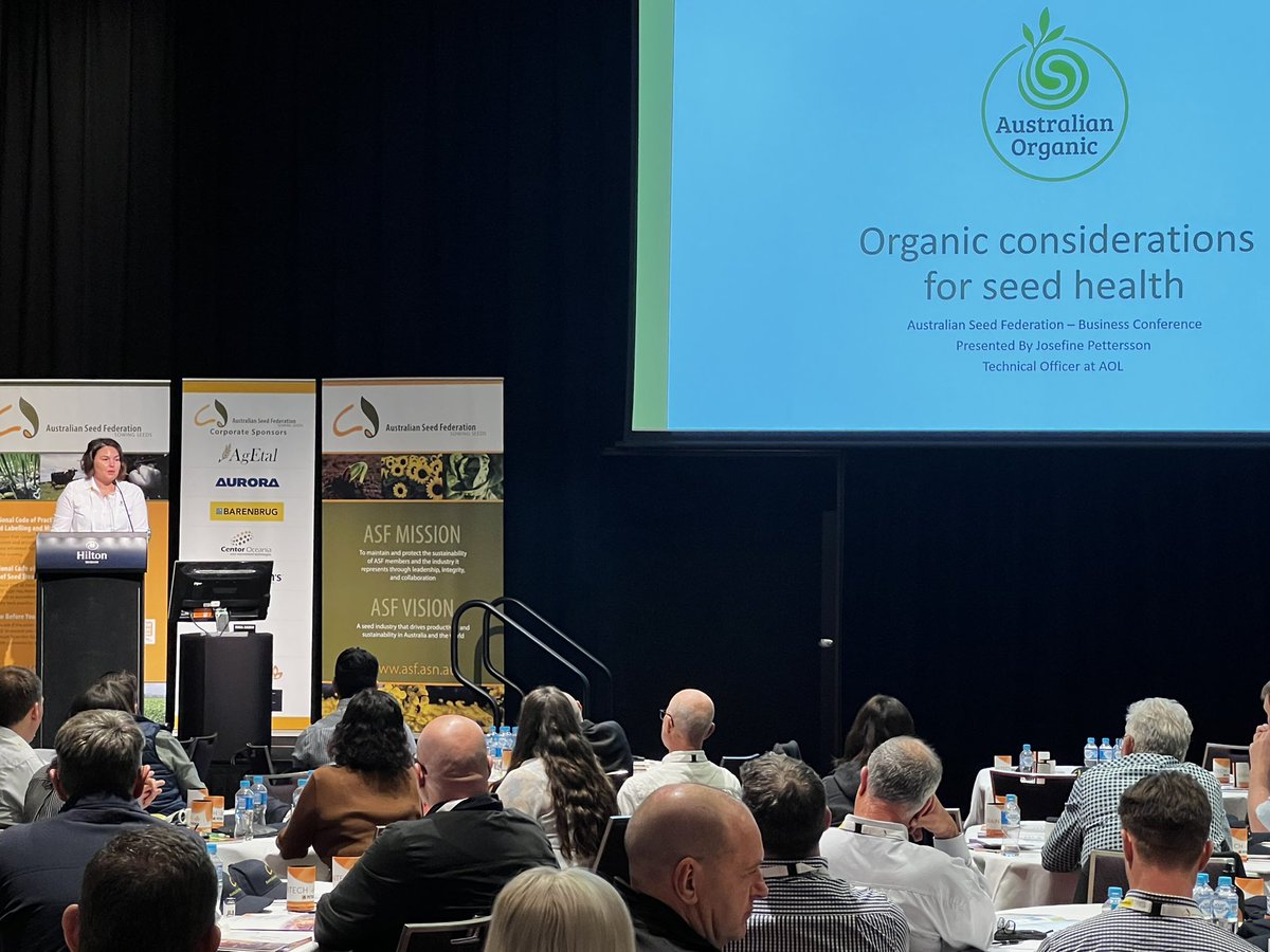 AusSeedFed's tweet photo. Closing the seed health session is Josefine Pettersson, Australian Organic Limited, educating members on the organic considerations for seed health. 🌱 #ASFSeedBiz22 #ASFsowingseeds https://t.co/wWJNbo13sA