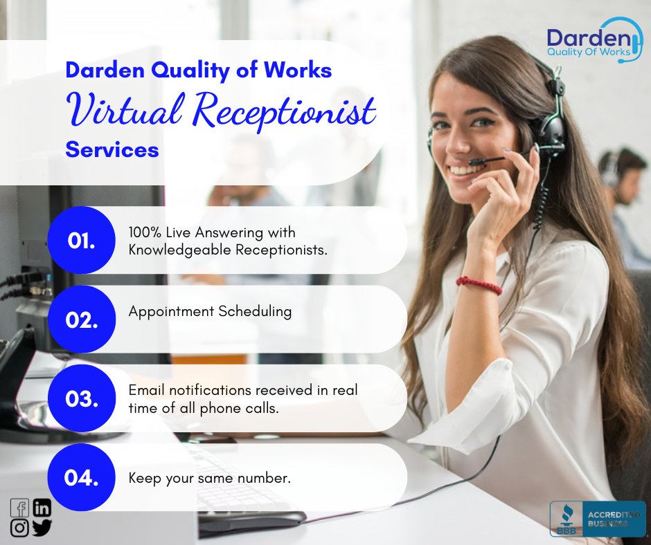 dardenquality's tweet photo. GROW YOUR BUSINESS WITH DARDEN QUALITY OF WORKS VIRTUAL RECEPTIONIST SERVICES
https://t.co/oLjiCS5td9
#dardenqualityofworks  #appointmentscheduling, #appointments, #answeringservice, #receptionists,  #virtualreceptionist. https://t.co/ZAShX4quYV