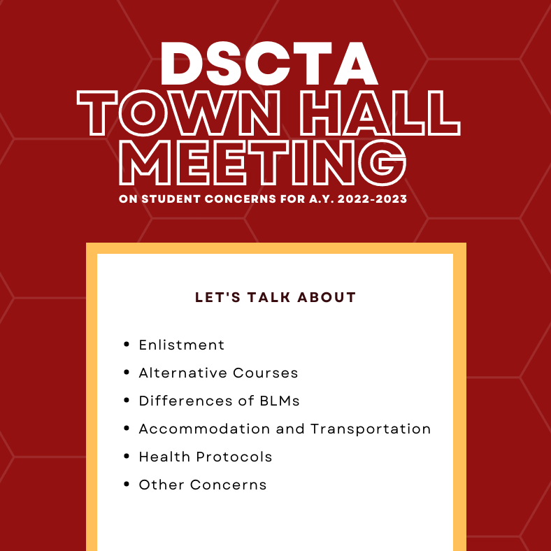 UPDscta's tweet photo. The DSCTA will be holding a town hall meeting with its students on its return to campus plans for the 1st Semester of AY 2022-2023. This will be on Aug. 18, 2-4PM, via Zoom.

Speech Communication and Theatre Arts majors are encouraged to pre-register here: https://t.co/wwRYafsGNZ https://t.co/QvsZPXxlkn