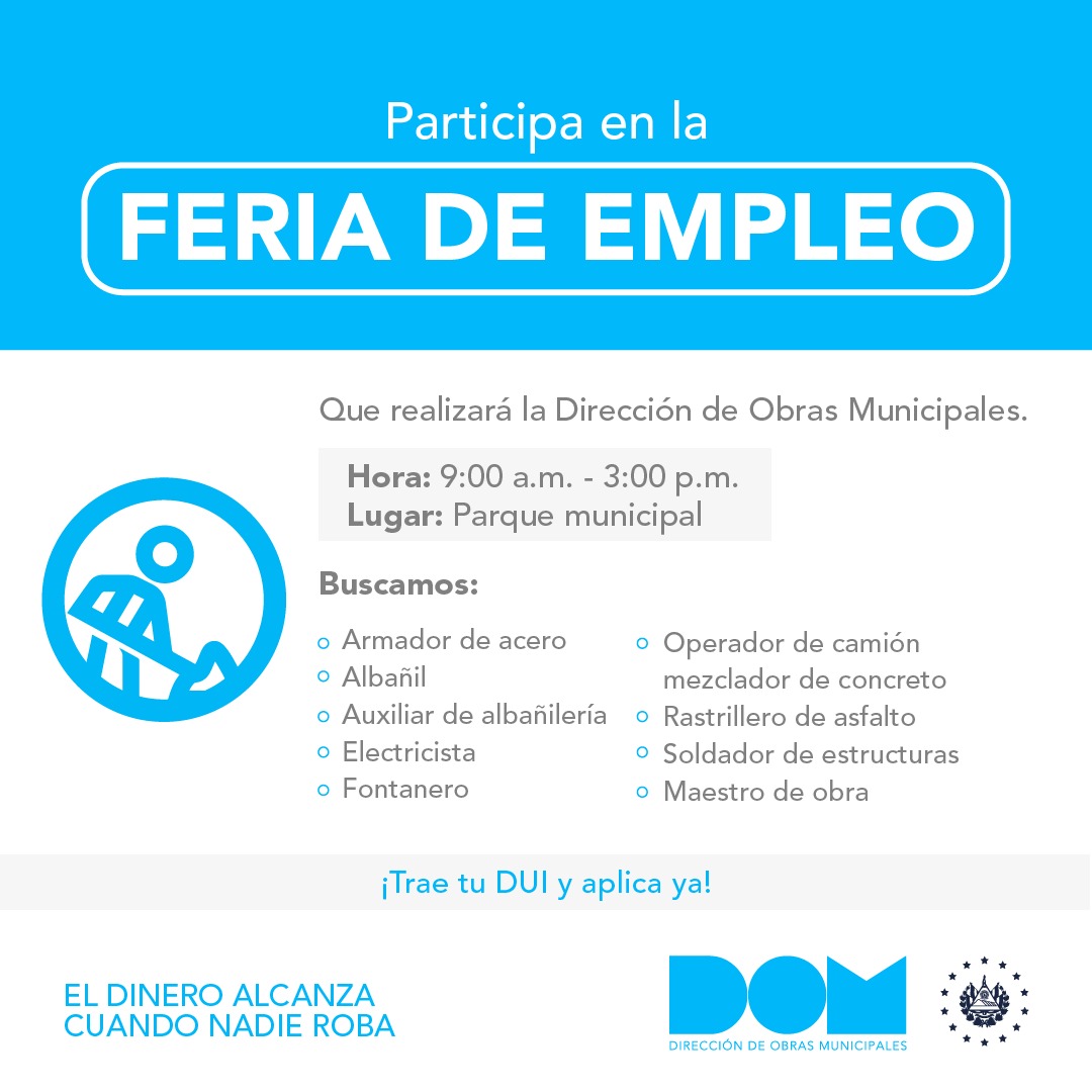 Las gestiones de nuestro alcalde Hugo Centeno continúan a paso firme 🙌🏻

Este próximo 20 y 21 de agosto la <a href="/ObraMunicipal/">Dirección de Obras Municipales</a> realizará una feria del empleo para el proyecto denominado "EL MEJORAMIENTO VIAL EN CANTÓN EL TINTERAL"
#conhugocoatepequeavanza