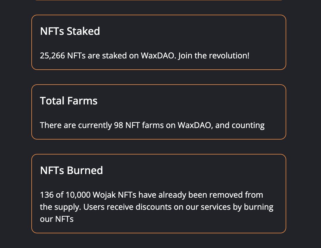MikeD_Crypto's tweet photo. 25k NFTs staked

About to break 100 farms

135+ Wojak NFTs burned

New market feature

Preminted packs

Token vesting/escrow service

A dozen token staking pools/LP farms

Create your own DAO 

Create your own token

All done by 1 person in 66 days with 0 capital

#wax #eos https://t.co/qn0cpBWiKO