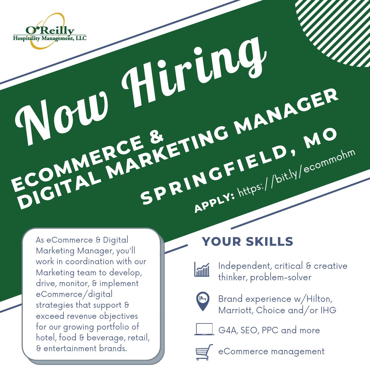 I'm hiring an eCommerce &amp; Digital Marketing Manager for <a href="/lifeatOHM/">O'Reilly Hospitality Management, LLC</a>! (Springfield, MO) bit.ly/ecommohm 

Please share and RT. Thank you!

#DigitalMarketing #ecommercemarketing #Hospitality pic.x.com/FoENaXzdNB