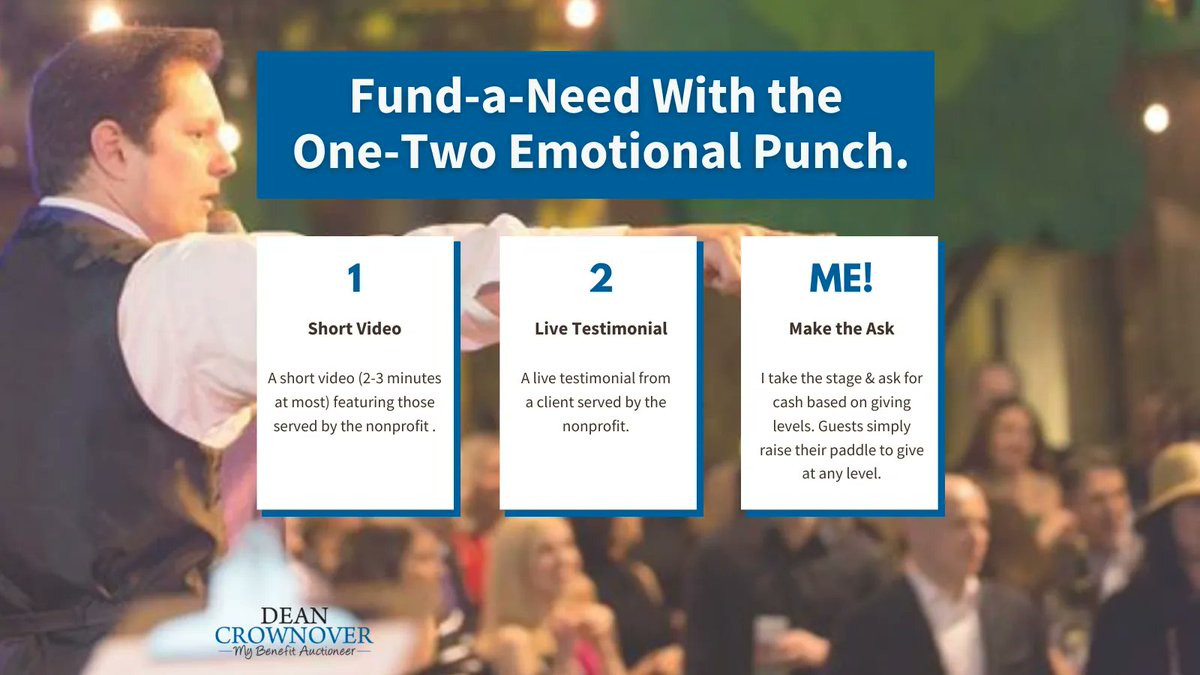 DeanAuctioneer's tweet photo. What I refer to as "the Fund-a-Need" is raising your paddles in support of a good cause. Its implementation on stage is straightforward, starting with an emotional build-up known as the "One-Two Emotional Punch." #fundraisingforagoodcause #fundraiserevent https://t.co/lLU7JdQw9V