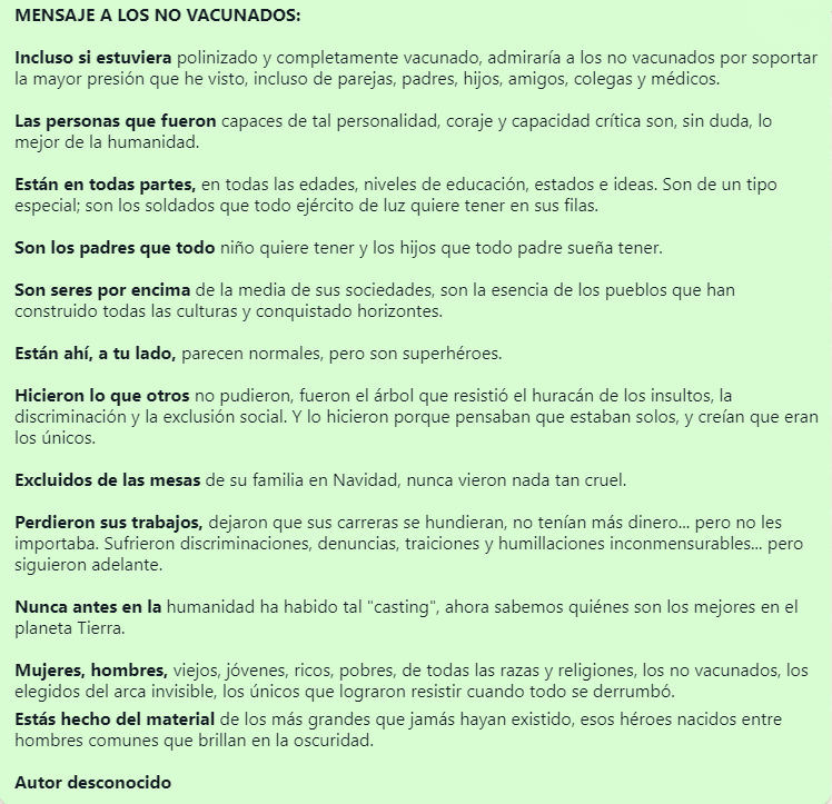cherediaf's tweet photo. MENSAJE A LOS NO VACUNADOS:

Incluso si estuviera polinizado y completamente vacunado, admiraría a los no vacunados por soportar la mayor presión que he visto, incluso de parejas, padres, hijos, amigos, colegas y médicos.

Las personas que fueron capaces de tal personalidad, ... https://t.co/gjdgx4L3g8