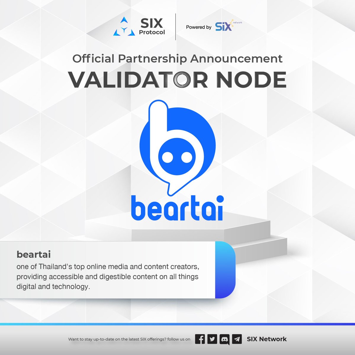 theSIXnetwork's tweet image. SIX Network partnering with beartai (Show No Limit Co., Ltd)  is now officially SIX Protocol’s Validator Nodes marks a crucial step for technology-based media like beartai to enter the world of blockchain and the Web 3.0 era.

#SIXNetwork #SIXProtocol #beartai #technology
