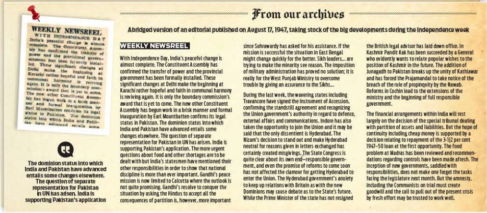 #TNIEArchives | Abridged version of an editorial published on August 17,1947, taking stock of the big developments during the independence week.  
#IndiaAt75