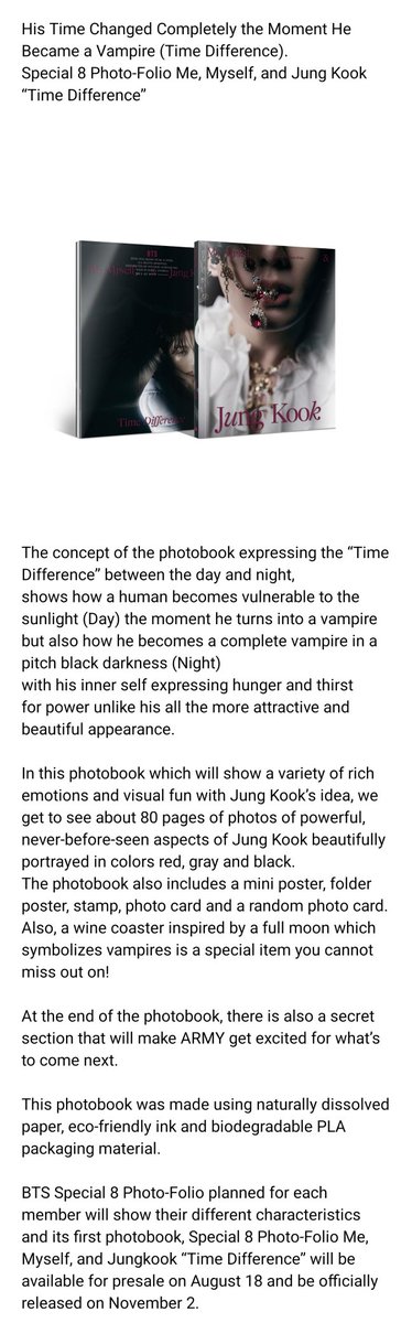 BTSMerchUpdates's tweet photo. Me, Myself, ​and Jung Kook
‘Time Difference​’​
Special 8 Photo-Folio

PRE-ORDER
Aug 18, 11am KST 

RELEASE 
Global Sep 1
USA Nov 2
#BTS #JungKook #정국 https://t.co/jj5JPoeRe1