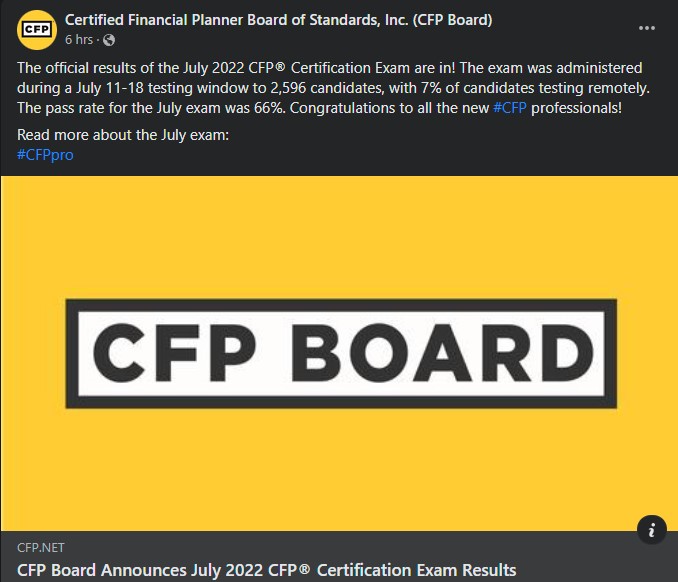 Good luck to all those who worked hard to pass the CFP® Certification Exam!
When I took this over 10 years ago, the passing rate was about 50%. I self-studied for 4 months, passing the 6 qualifying exams &amp; board exam, and it wasn't easy as that's normally 3-year venture!