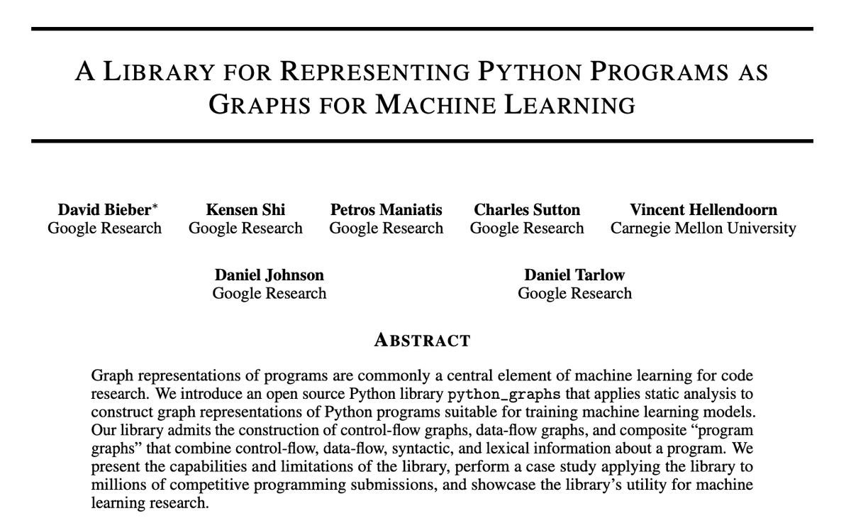 Bieber's tweet photo. Today we published "A Library for Representing Python Programs as Graphs for Machine Learning", a technical report about the python_graphs library.

Report: https://t.co/KNJm3bdvkp
GitHub: https://t.co/zukepU7U6b
PyPi: https://t.co/t4nuiKsuKe
Install: pip install python_graphs https://t.co/CXBxE6bTRJ