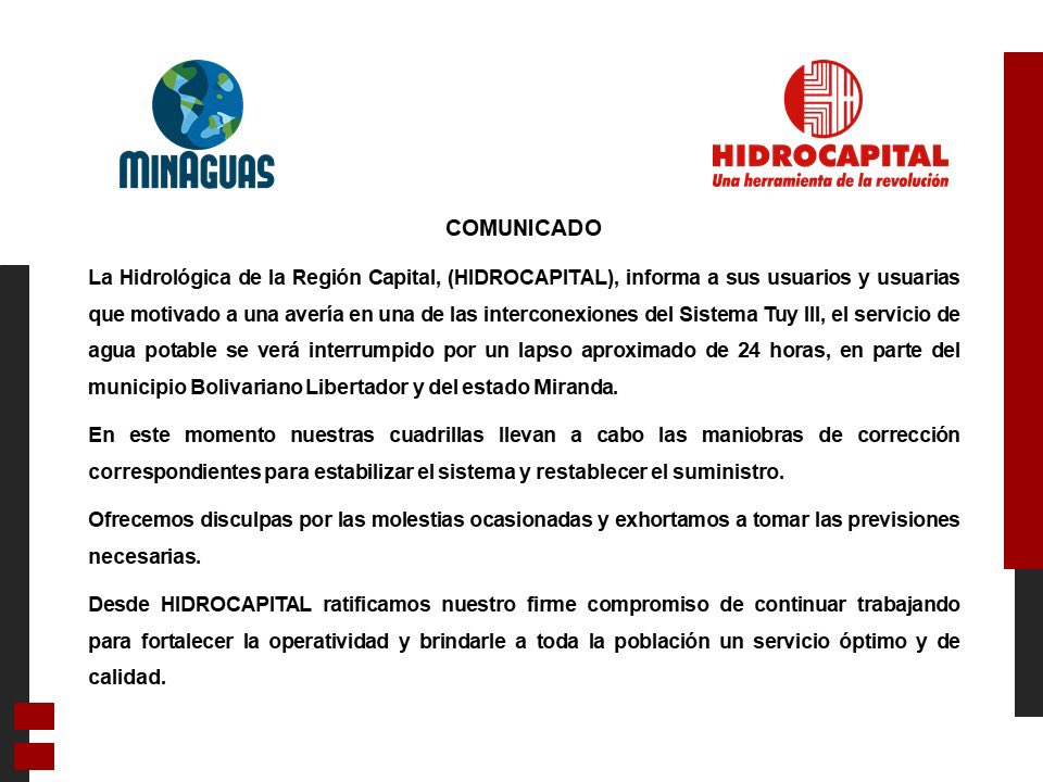 #Importante Trabajadores y trabajadoras de @HidroCapital2 atienden en este momento una avería localizada en el sistema Tuy III, que ha ocasionado la suspensión del servicio de agua en parte del municipio Bolivariano Libertador y del estado Miranda