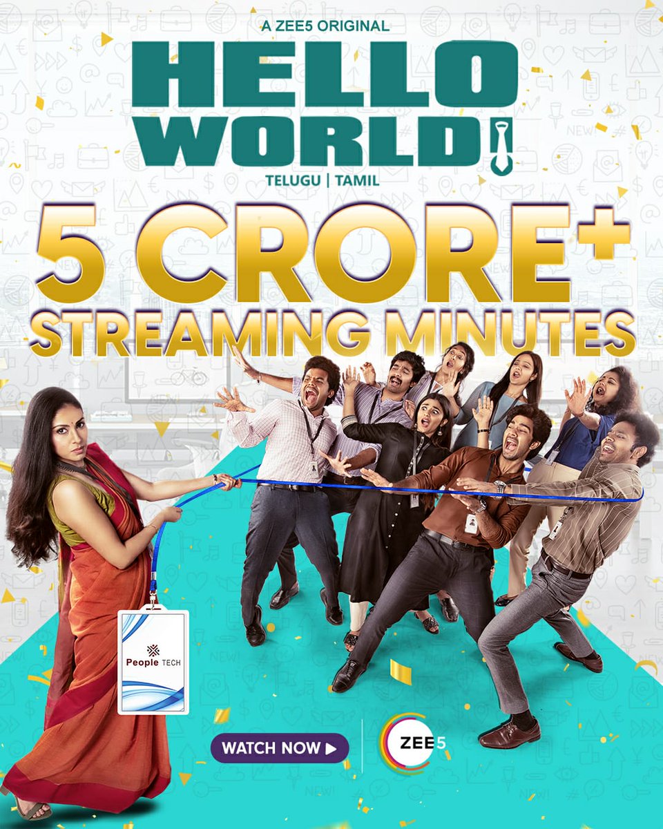 #Helloworld crosses 5 crore+ streaming minutes If you haven't, do watch #HelloWorldonZee5 for an amazing & relatable office drama. *Click here 👇to watch NOW* zee5.onelink.me/RlQq/helloworld @IamNiharikaK @ActressSadha @anilgeela_vlogs @NityaShettyOffl #PinkElephantPictures