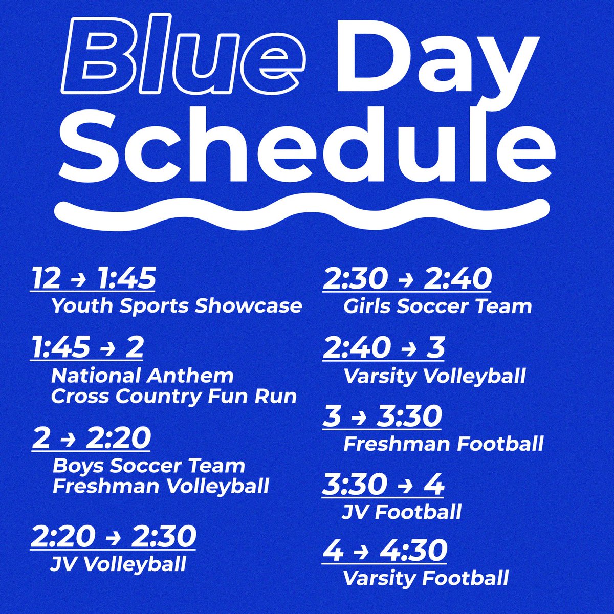 Hey all Celts! So excited to see everyone at Blue Day this Saturday! This is a general schedule of our events, please come help us support our wonderful fall sports!

#GoBigBlue #BeBold #WorldClass