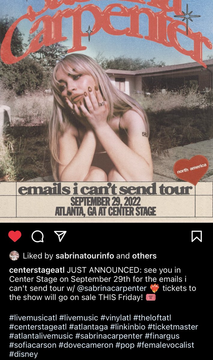 girlmeetsnews's tweet photo. 🚨: The Atlanta venue that tweeted #dovecameron on their tweet about their #emailsicantsendtour date also hashtagged #finargus, #sofiacarson, and #disney on Instagram, so they might just be trying to boost visibility, not say that they’re opening for her. https://t.co/7vZ1YJqWLO