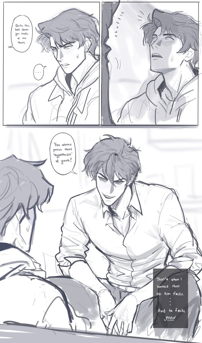 A rough dokjoong/dokhyuk comic exchange that I wanted to sketch out. 

Underestimating dilfja doesn't end well for yjh. Or maybe it does.