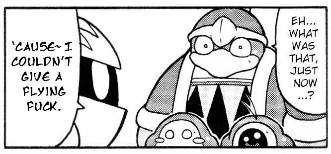 CrazyKirbMoment's tweet image. Meta Knight says “FUCK” and various other swears and threatens to Clock The Mage Sisters in the Kirby Mannaru Nikki manga (2022)