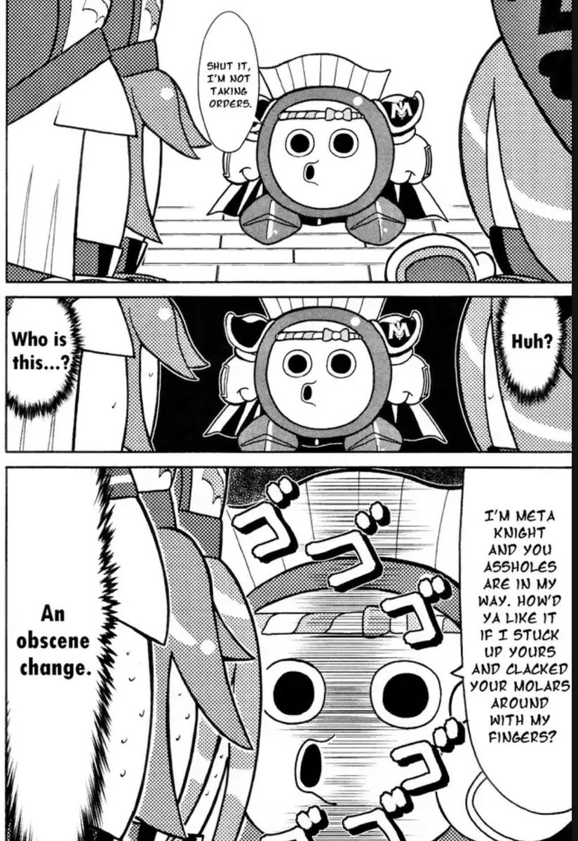 CrazyKirbMoment's tweet image. Meta Knight says “FUCK” and various other swears and threatens to Clock The Mage Sisters in the Kirby Mannaru Nikki manga (2022)