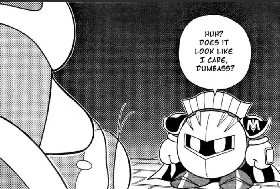 CrazyKirbMoment's tweet image. Meta Knight says “FUCK” and various other swears and threatens to Clock The Mage Sisters in the Kirby Mannaru Nikki manga (2022)