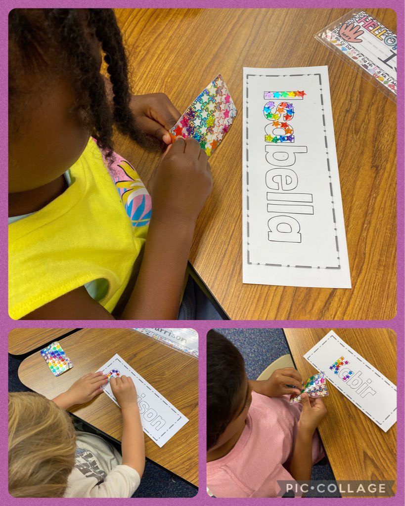 MsHKinderCrew's tweet photo. These cuties had a blast playing the name game and then strengthening their fine motors by creating star sticker nameplates for our room💜 They fancy!! 😉 #namestudy #kindercrew @LindseyElem https://t.co/B1McUGyEB6