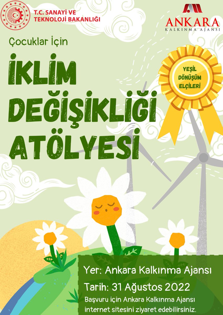 📢Ajansımız erken yaşta Sürdürülebilir Kalkınma Amaçları ve iklim değişikliği farkındalığının arttırılması amacı ile 8-11 yaş arasındaki çocuklara ücretsiz “Çocuklar İçin İklim Değişikliği Atölyesi”organize etmektedir. 
🗓️31 Ağustos 2022
👉bit.ly/3dvB2bf
<a href="/KalkinmaAjansGM/">Kalkınma Ajansları Genel Müdürlüğü</a>