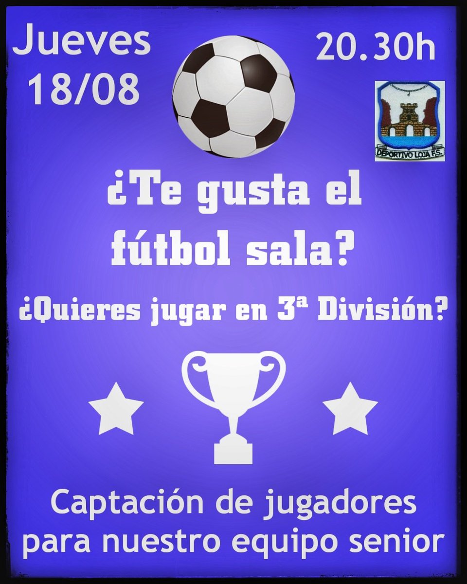 𝕁𝕆ℝℕ𝔸𝔻𝔸 𝔻𝔼 ℂ𝔸ℙ𝕋𝔸ℂ𝕀Óℕ
¿¿Eres un amante del fútbol sala?? ¿¿Te gustaría formar parte de nuestro equipo para la temporada 22/23 en Tercera División?? Si la respuesta es SÍ te esperamos el próximo jueves en el Pabellón Alfeia...
