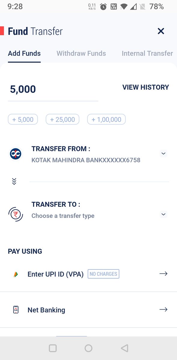 SukritSat's tweet photo. @kotakneo This is the screen shot where options are showing add funds like UPI, wallet, bank account but couldn't add funds due to technical errors. https://t.co/0IHKFBE18t