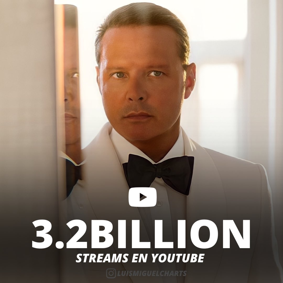 TheLMCharts's tweet photo. Luis Miguel han obtenido más de 3.2 mil millones de reproducciones en YouTube! Felicidades @lmxlm 🥂 https://t.co/OwE8vOtF4C