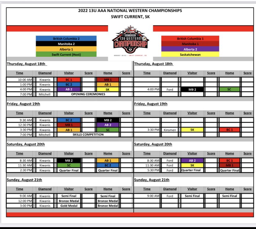 SCU13AAA57s's tweet photo. BC 1 - Ridge Meadows  Royals 
BC 2 - Victoria Seawolves 

Alberta 1 - Parkland Twins
Alberta 2 - Olds Spitfires 

Saskatchewan - Saskatoon Cardinals 
Host - Swift Current 57’s 

Manitoba 1 - Winnipeg South Wolves 
Manitoba 2 - Carillon Sultans https://t.co/7YmQGqWKbo