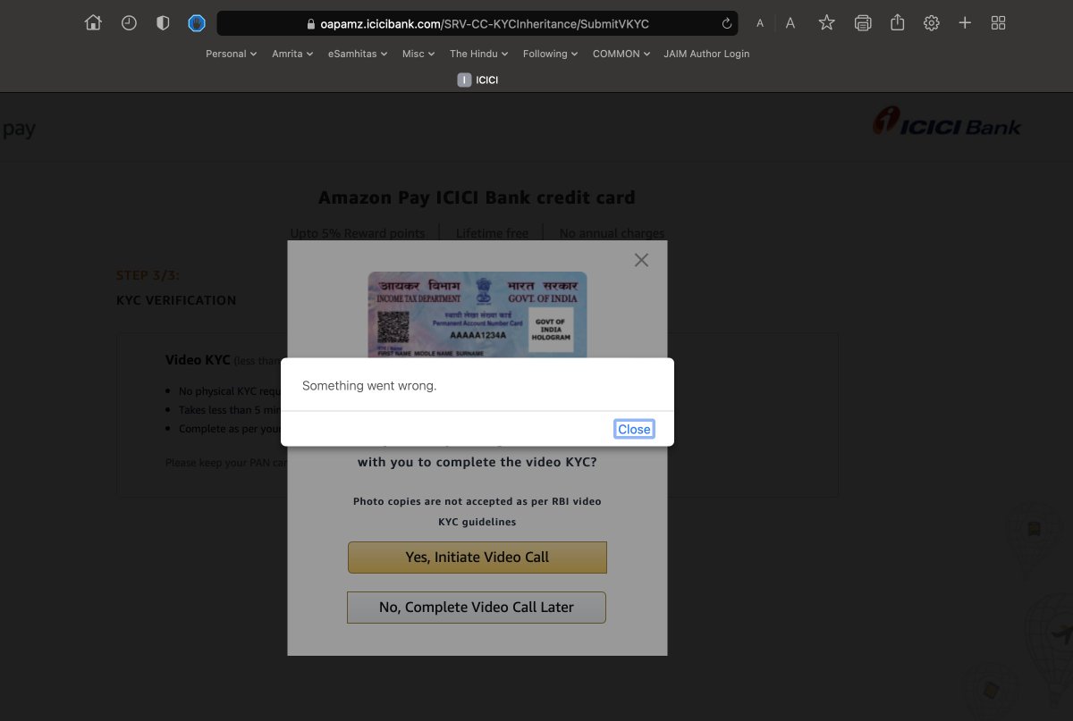 rahul_vj's tweet photo. @ICICIBank Unable to complete video KYC for CC. Been trying for several days. Both from mobile and computer browsers. Please provide a solution. https://t.co/lPAEqS0JPl
