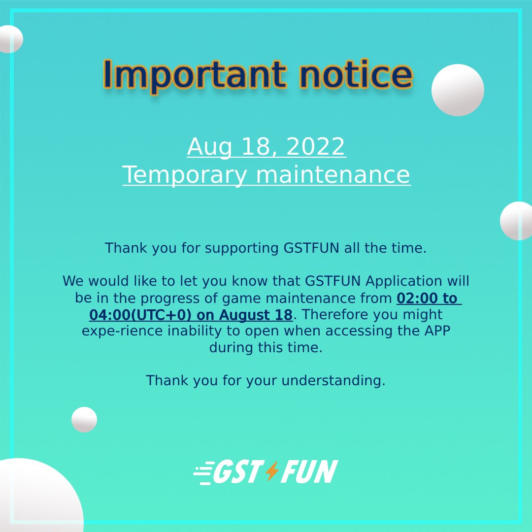 Gstfunofficial's tweet photo. 🛠#IMPORTANTE  #NOTICE 🛠
Aug 18 at 02:00 to 04:00 (UTC+0)
Temporary #maintenance

You might expe-rience inability to open when accessing the APP during this time.

Thank you for your understanding.

#GSTFUN #GST #stepN #GameFi #ステップン #ステラウォーク https://t.co/mDPbkj0tcI