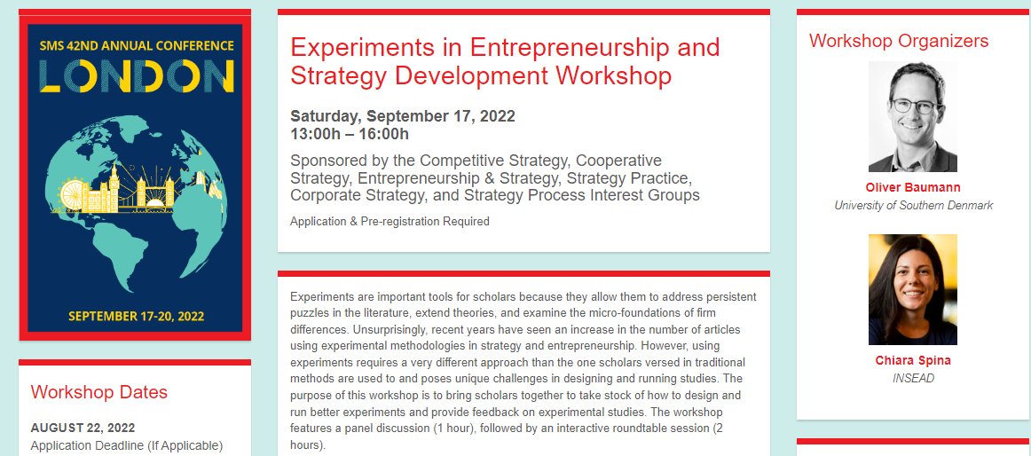 Attending #SMS2022 and interested in experiments?

<a href="/OliverBaumannDK/">Oliver Baumann</a> and I put together a development workshop with a stellar panel + roundtables to get feedback on future/ongoing experiments

⏰Apply by August 22nd
 
More info: strategicmanagement.net/london/worksho…  <a href="/Strategic_Mgmt/">Strategic Management Society</a>