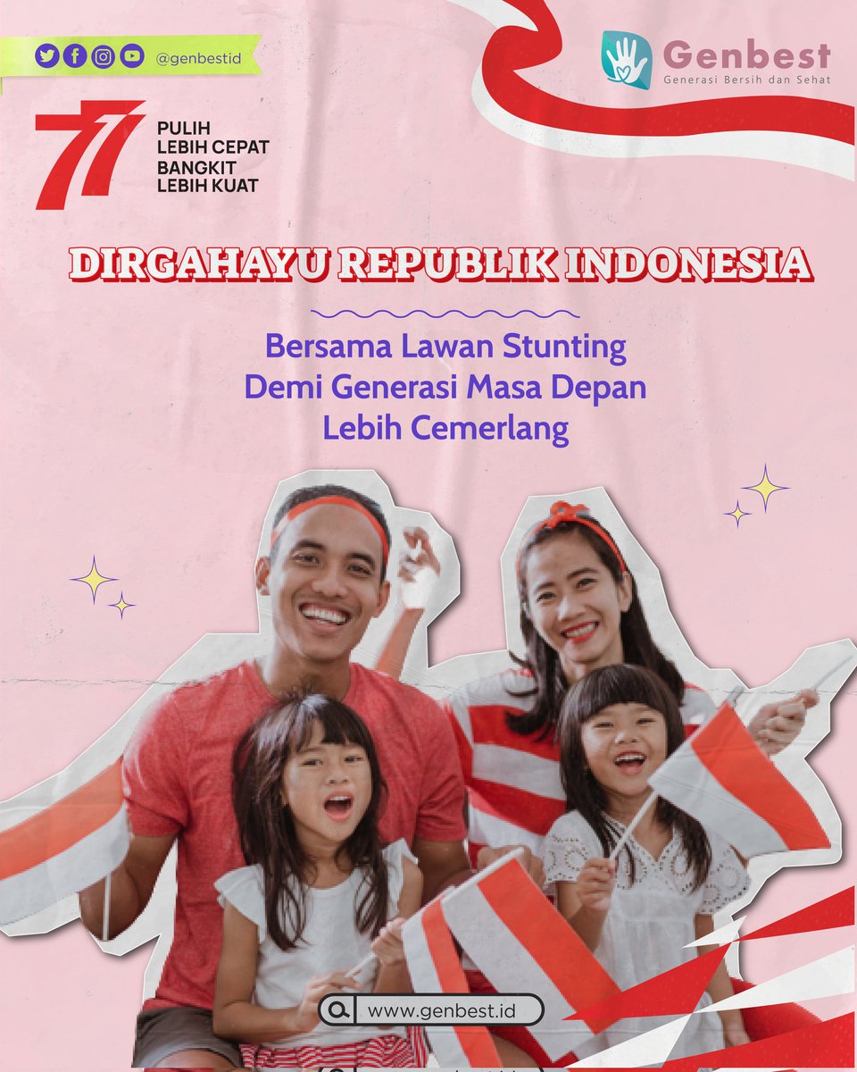 genbestid's tweet photo. Kita telah merdeka dari penjajah, tapi belum merdeka dari stunting. Yuk, tetap berjuang menciptakan Indonesia bebas stunting, demi generasi masa depan optimal, lebih cemerlang & bisa bersaing di tingkat global. Merdeka!
#Genbest #SadarStunting #PulihLebihCepat #BangkitLebihKuat https://t.co/ve7d6u8Wzz