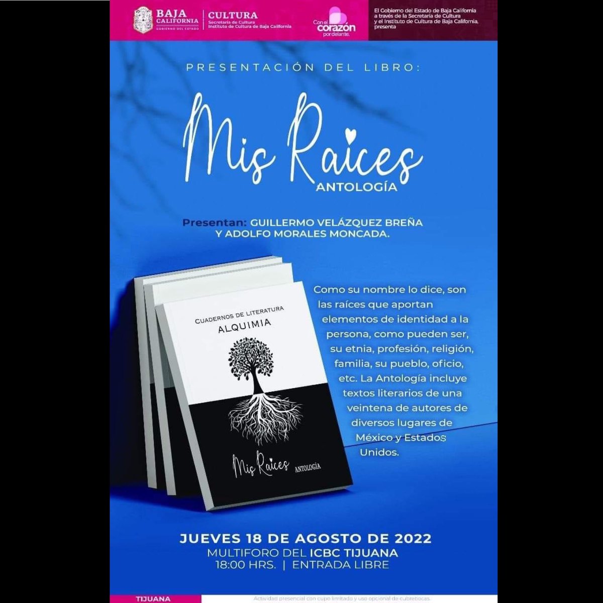 EdicAlquimia's tweet photo. Nos vemos este próximo jueves 18 de agosto
A las 18:00 horas en el multiforo de ICBC

Antología "Mis raíces"
Firma de libros de los escritores que la conforman..

Entrada libre. https://t.co/9El59mVU0N
