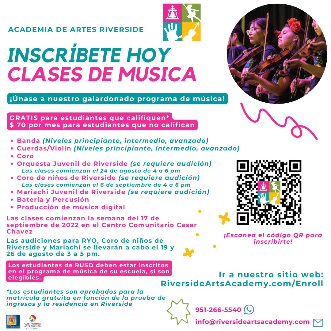 Enrollment for our fall music classes is in full swing! Enroll now at RiversideArtsAcademy.com/Enroll. If you have any questions, contact us at 951-266-5540 or info@riversideartsacademy.com. View the flyer for more information. We’re excited to start our fall semester in September!